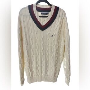 Nautica Cream and Red V-Neck Sweater with Ribbed Trim NWOT